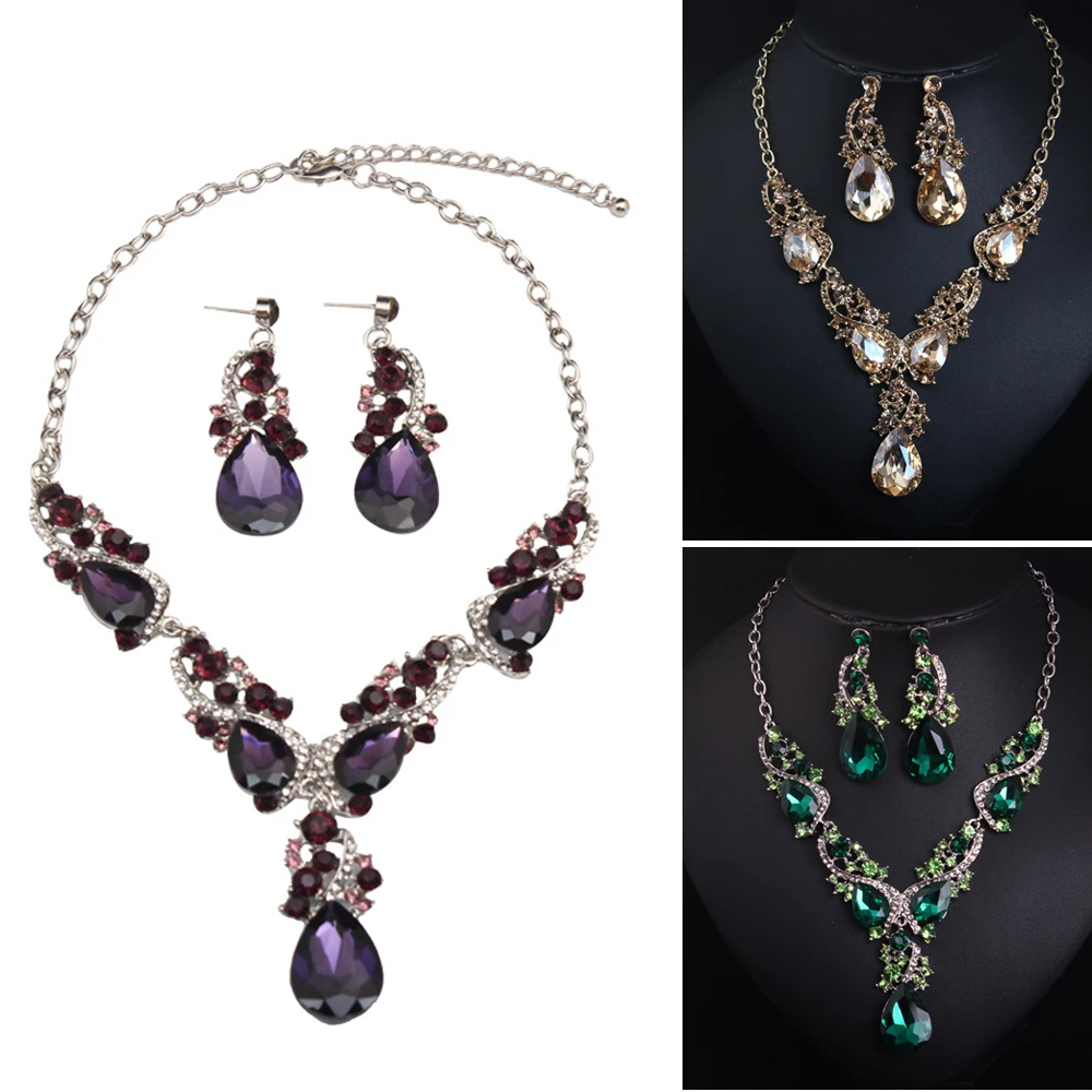 

Капли воды, свадебные вечерние комплекты ювелирных изделий для выпускного вечера, ожерелье и серьги с кристаллами и стразами, эффектные колье-нагрудники