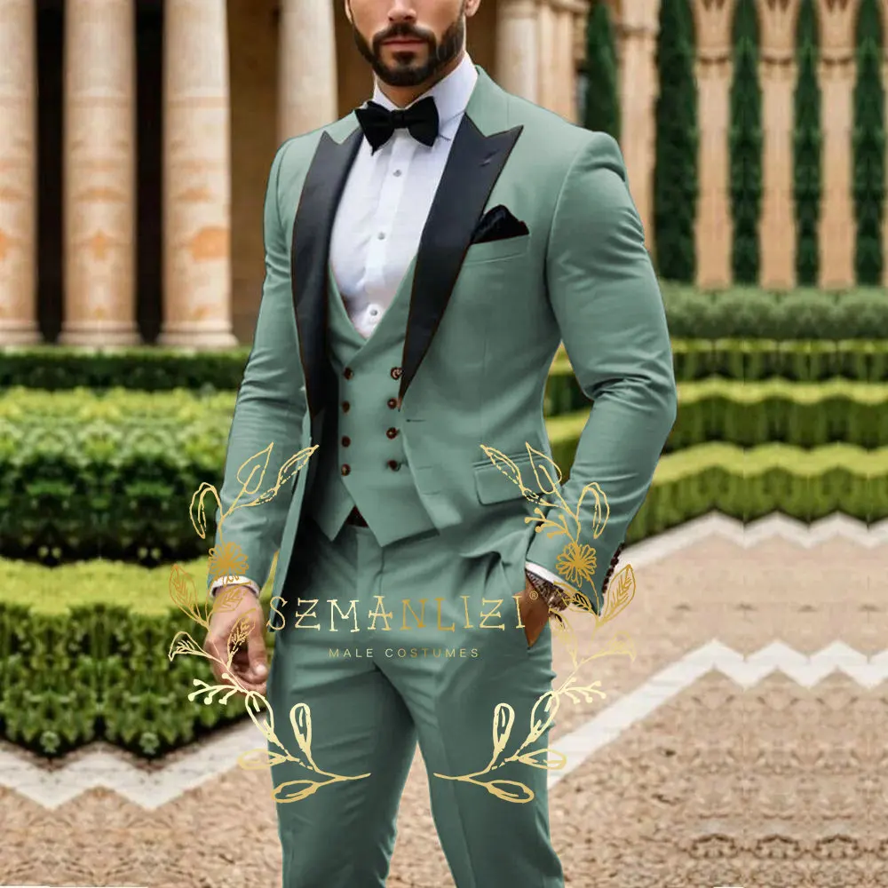 Latest Design Light Green Men Suit Business Formal Groom Groomsman Wedding Party Prom Male Tuxedos 3 Piece Blazer Vest Pants