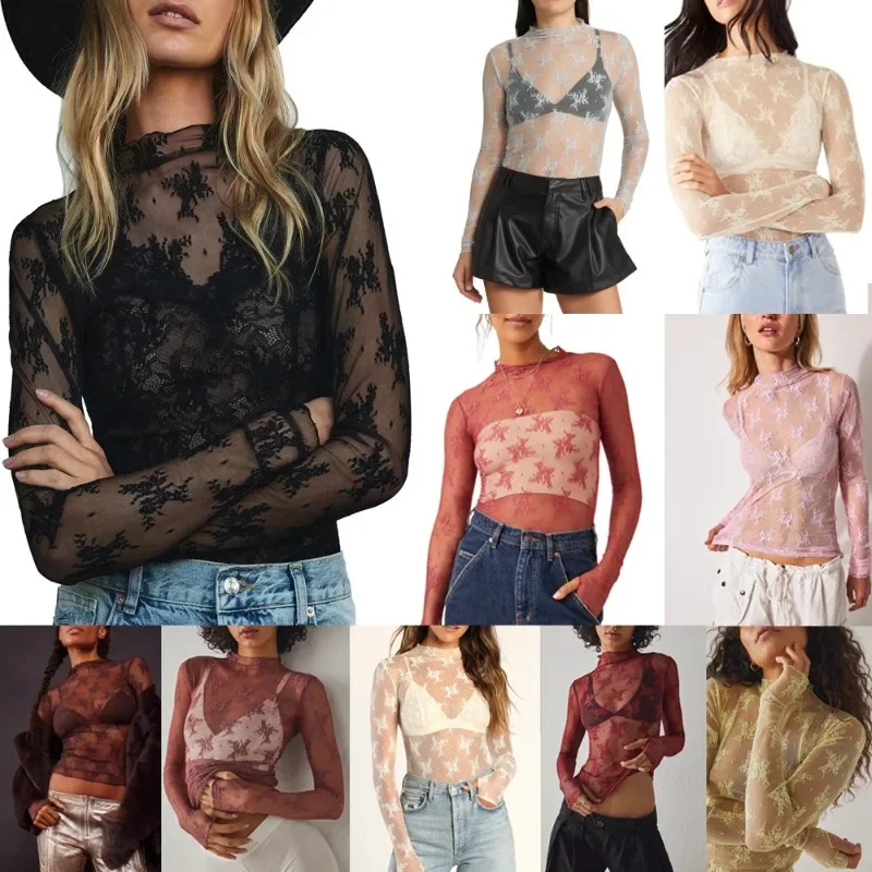 

Lace Tops for Women Long Sleeve Mock Neck Mesh Top Sexy Sheer Shirts See Through Floral Blouses