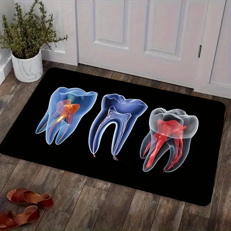 Deconstructive Dental Art Area Rug, Abstract Orange & Blue Floor Mat for Study & Lab, Non-Slip High Density Entry Carpet