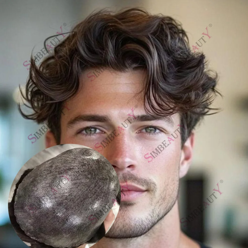 

Natural Hairline 30MM Wave Long Last Hair Patch 1B40 Gray Black 100% Human Hair Durable Poly Skin Dark Brown Cheap Men's Toupee