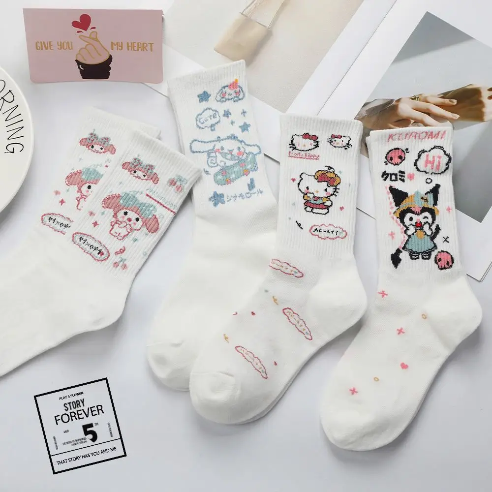 4Pcs Kuromi Hello Kitty Anime Cotton Socks Cute Cartoon Pochacco My Melody Female Mid Tube Ins Soft Stockings Gifts for Kids