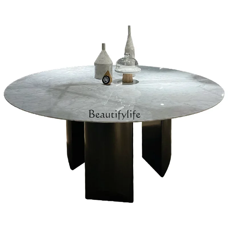 

Natural marble fine white dining table Italian light luxury high sense with turntable round dining table