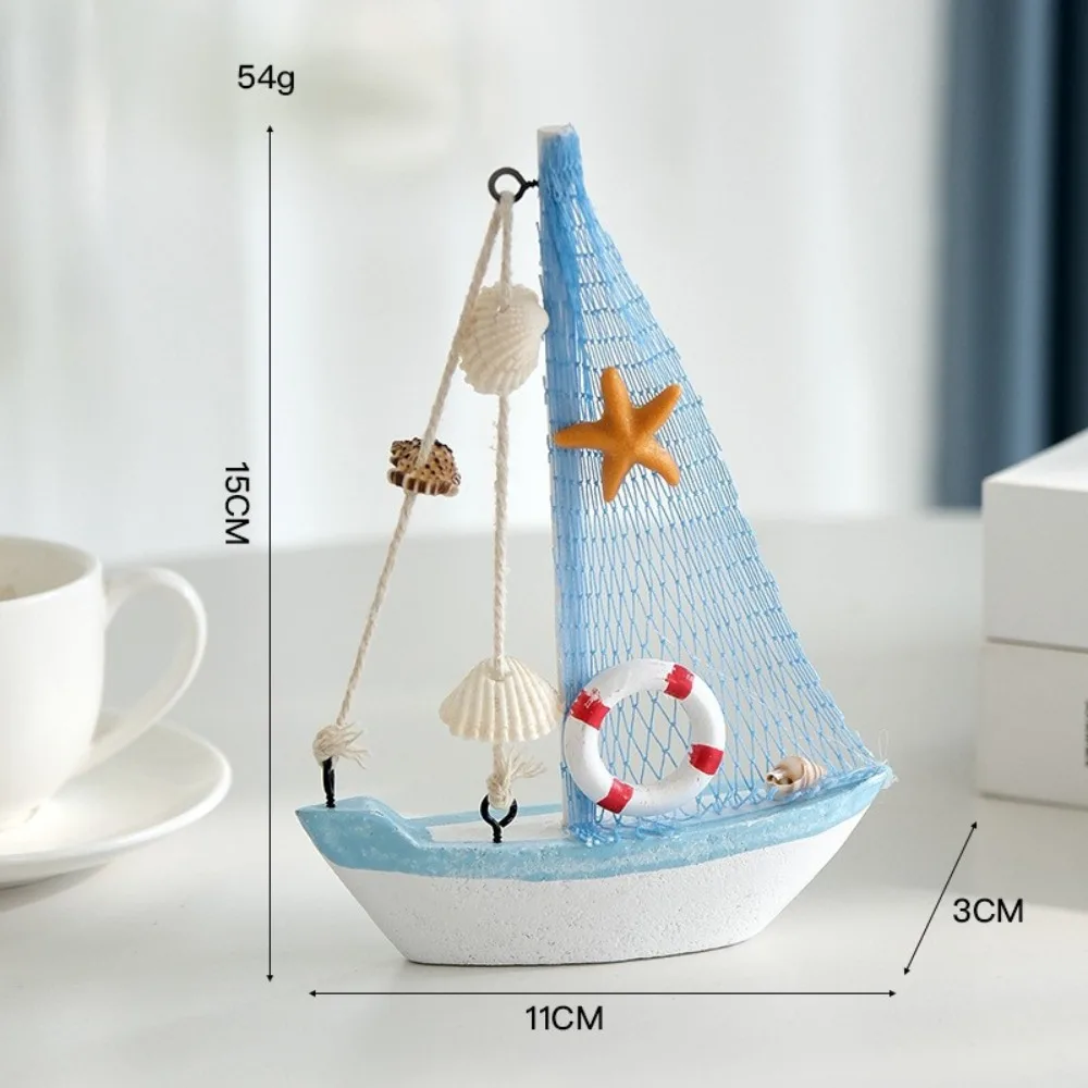Mediterranean Style Sailing Boat Model Handmade Fishing Net Accent Wooden Ship Ornament Shells Accent Wooden Miniature Sailboat