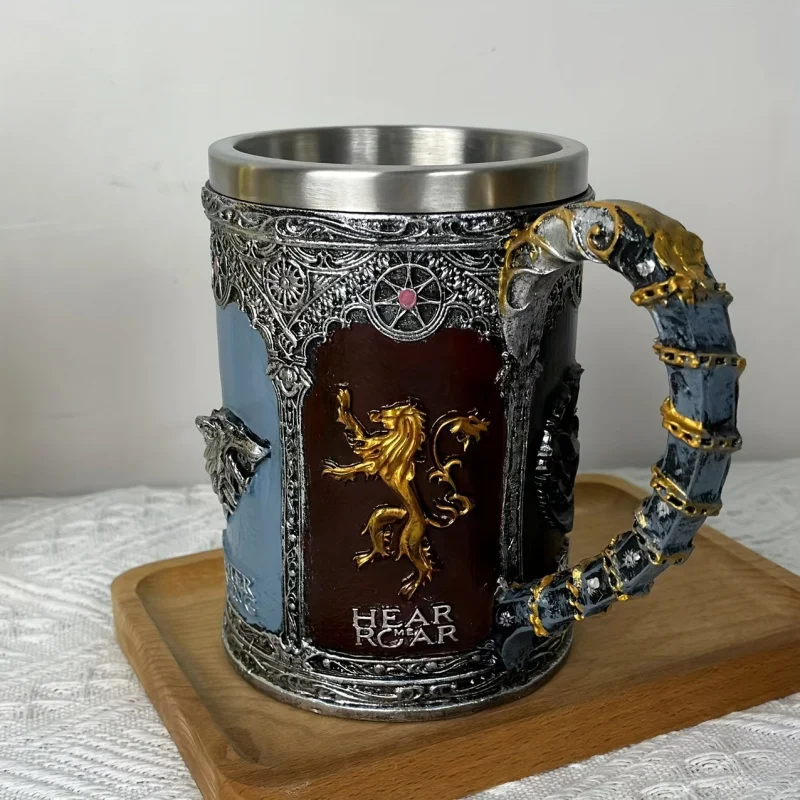 1Pieces，Belt3DResin Design Stainless Steel Beer Jar，Lion Wolf Dragon Pattern，Retro coffee cup，Hand Wash，Reuse，Multi-Purpose，Adul