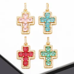 OCESRIO Trendy Multicolor Crystal Crucifix Necklace Pendant Copper Gold Plated Cross Jewelry Making Component Wholesale pdtb283