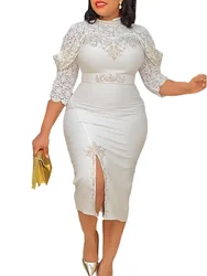 Elegant African Dresses For Womens Lace Sleeve Hot Diamonds Wrap Hip Midi Dress Ankara Africa Clothes White Robe Party Vestidos