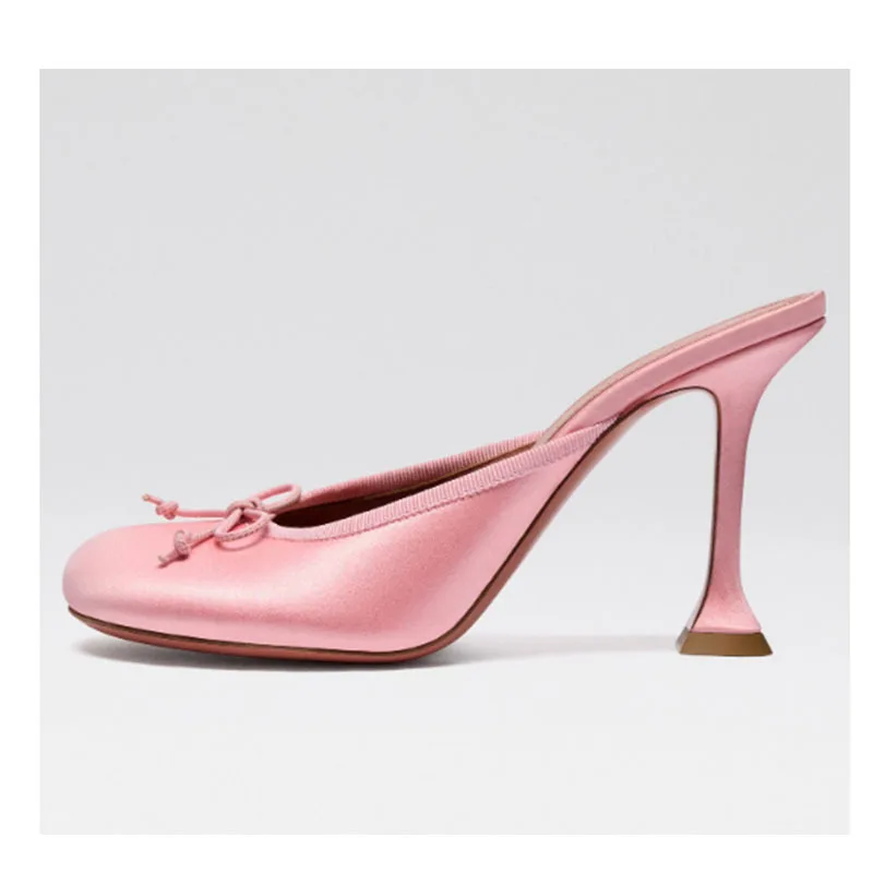 

Round-Toed High-Heeled Wine Glass Heel Sandals Hollow Bow Fashion Women Muller Shoes Catwalk Large-Size Slippers