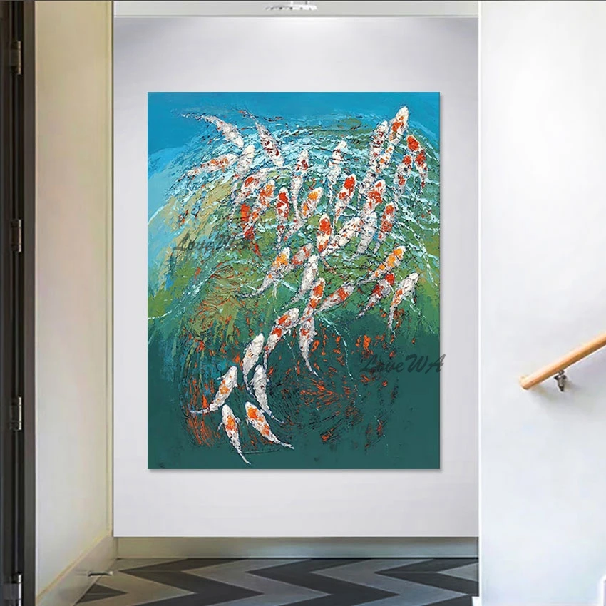 Thick Texture, Shoal Of Fish Animal Oil Painting, Living Room Wall Picture, Frameless, Modern Canvas Art, Home Decoration