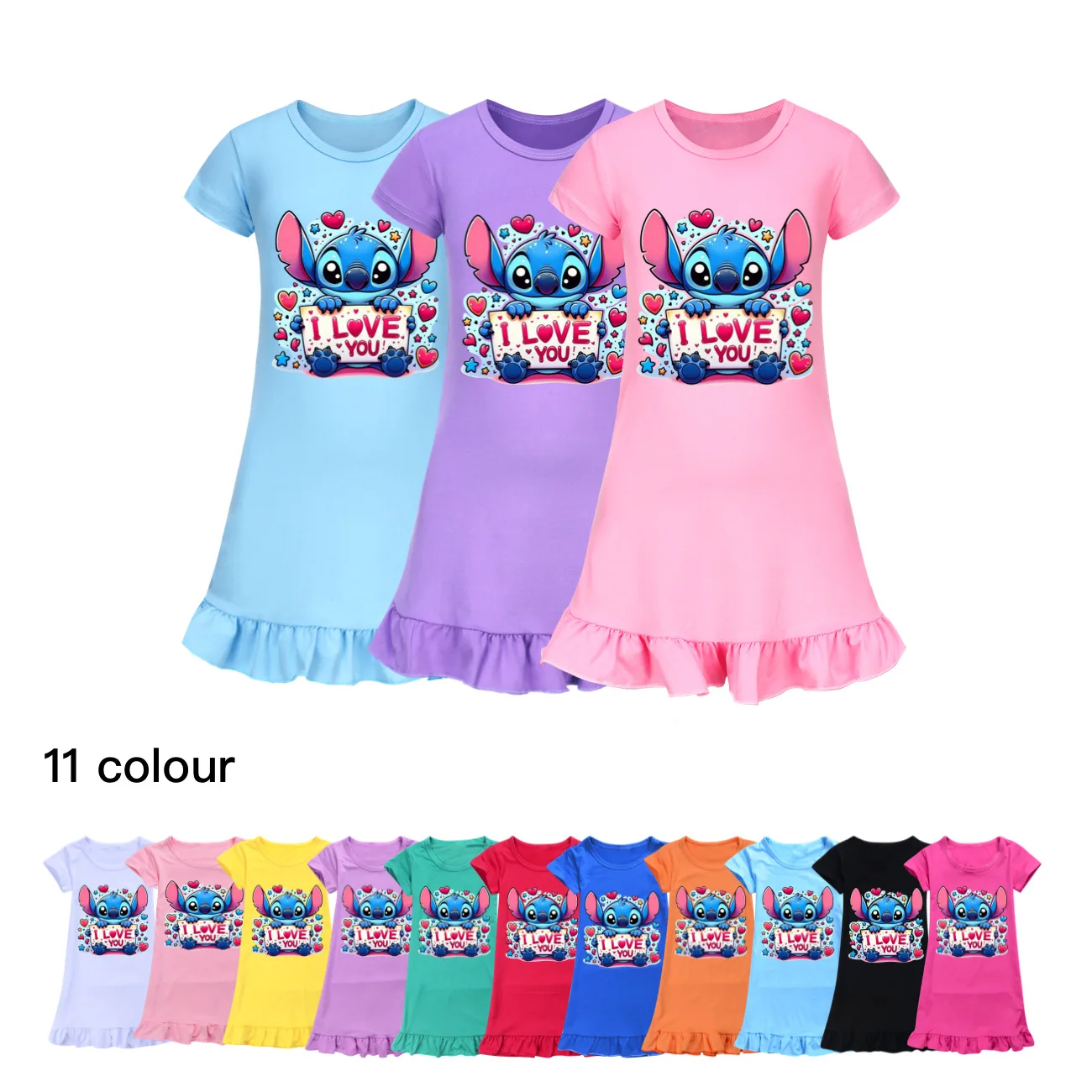 Summer Kid Girls Dresses Short Sleeve Tshirt Cartoon Stitch Print Casual Dress Children Clothes Cotton Baby Toddler Home Pajamas