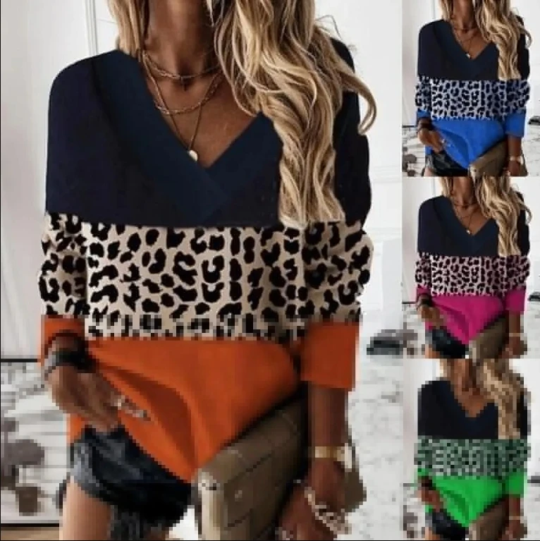 Spring New Pattern Women T-Shirt Loose Casual Long Sleeve Leopard Print Floral Print V Neck Spring And Autumn Tops Blouses