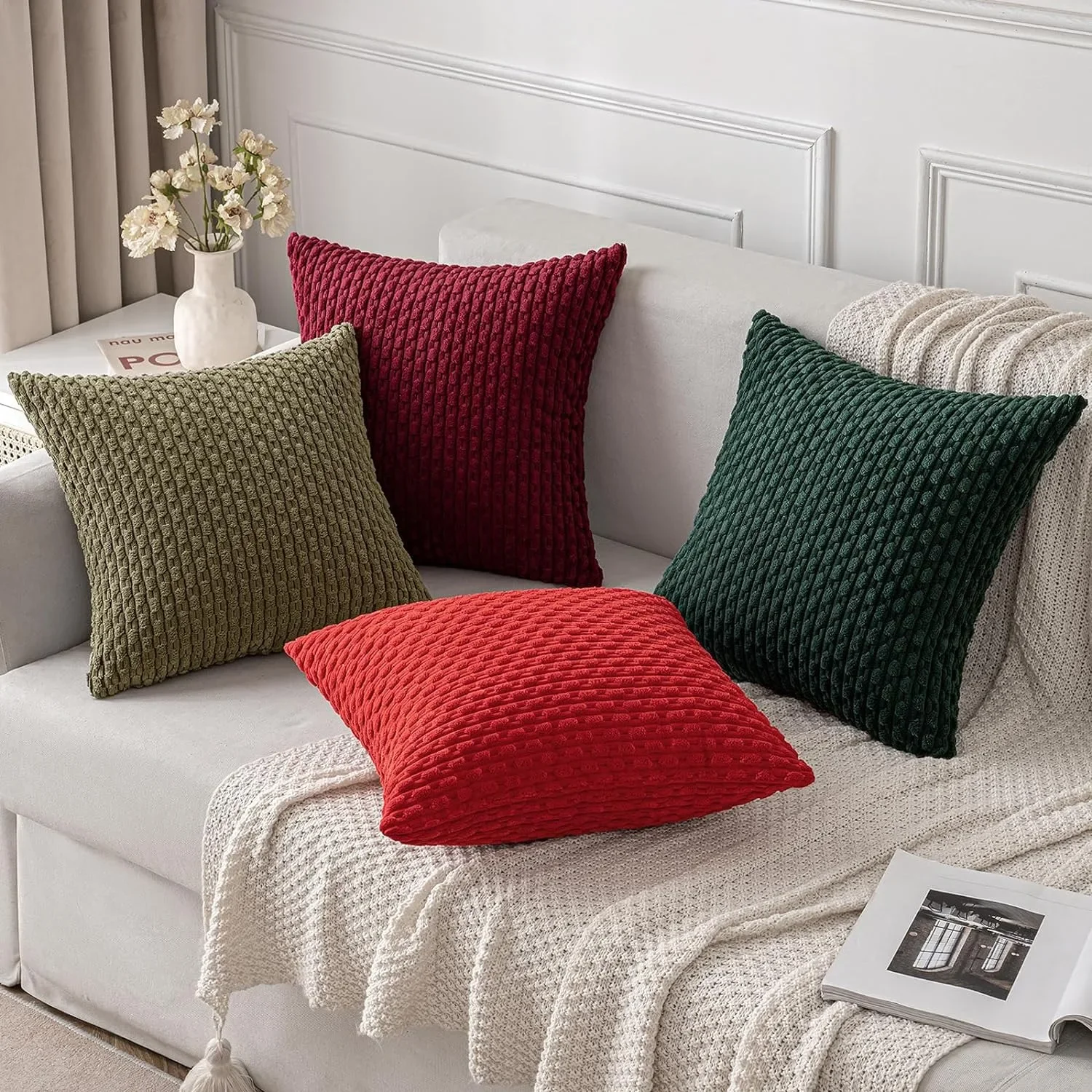 Christmas Red Corduroy Soft Soild Cushion Cover Decorative Square Throw Pillow Covers Cushion Case Pillowcases for Home Sofa Bed