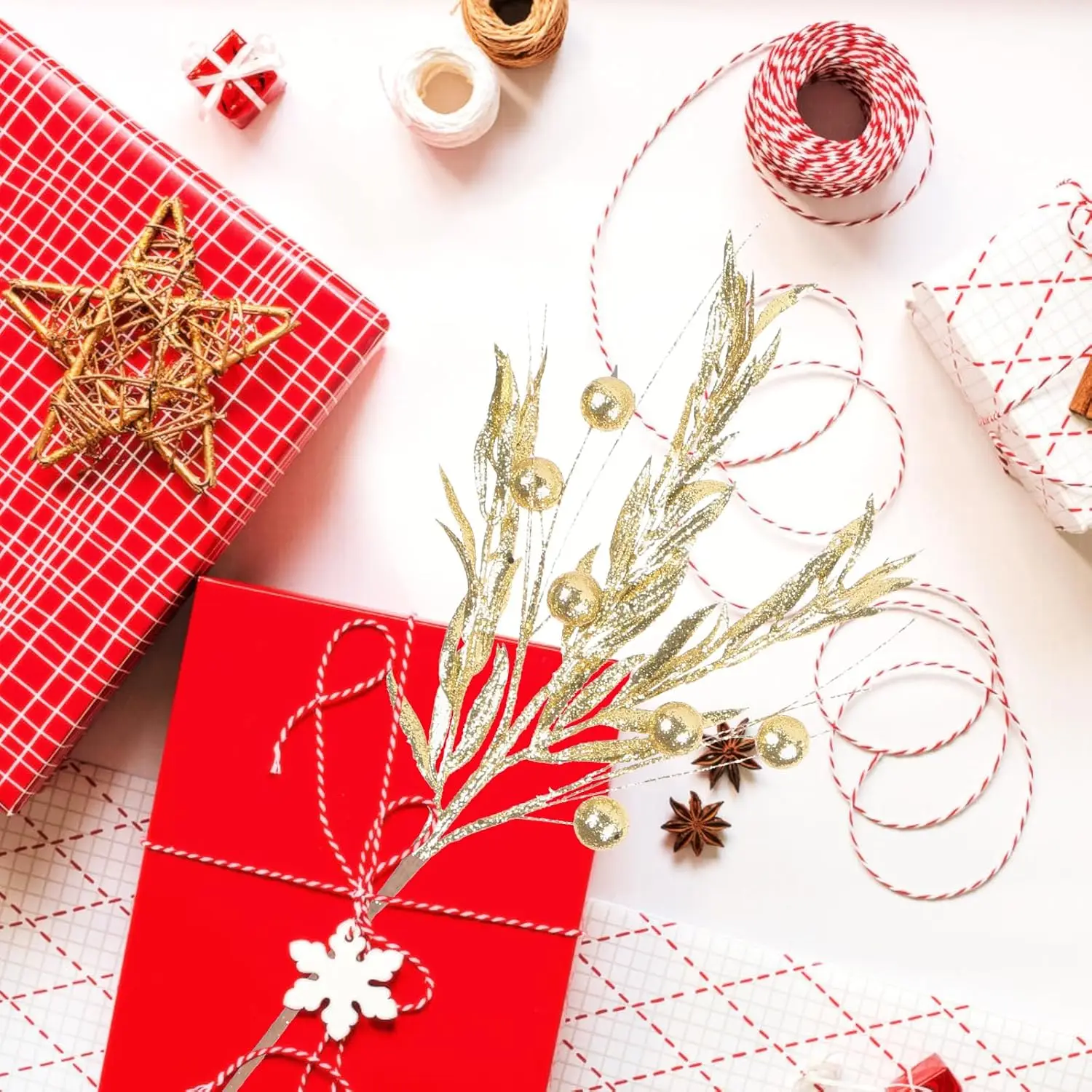 10PCS Gold Christmas Tree Decorations, Artificial Glitter Berry Branches for Tree, Vase Filler, Holiday Home Decor