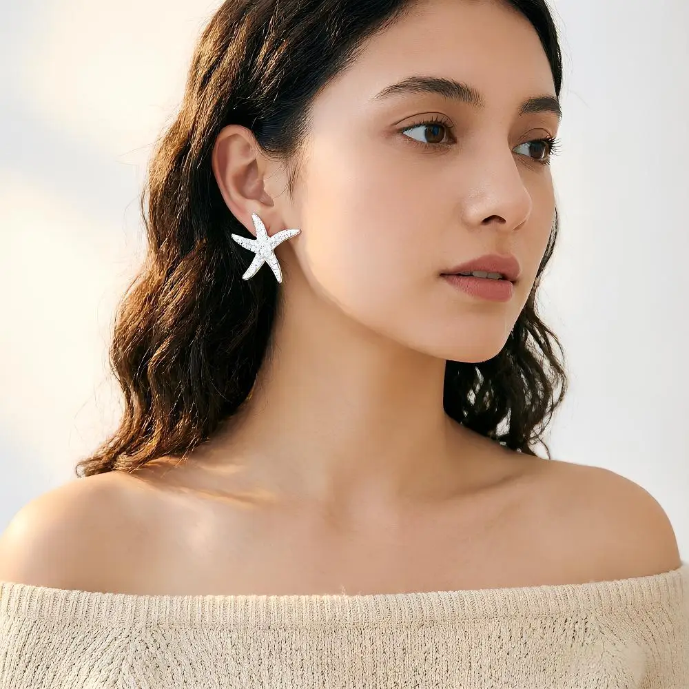 Charming 925 Sterling Silver Starfish Design Crystal Zircon Stud Earrings for Women Girls Engagement Party Fashion Jewelry Gifts