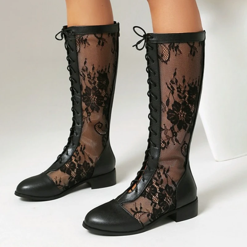 Breathable Lace Mesh Knee High Boots for Women Lace Up Square Toe Low Heel Hollow Out Comfort Booties for Wedding Party