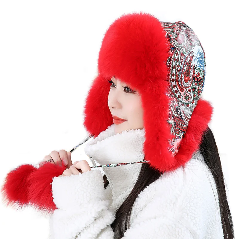 

Winter Hats Woman100% Real Fox Fur Hats Women's Russian Ushanka Aviator Trapper Snow Skiing Hat Caps Earflap Raccoon Fur Hat