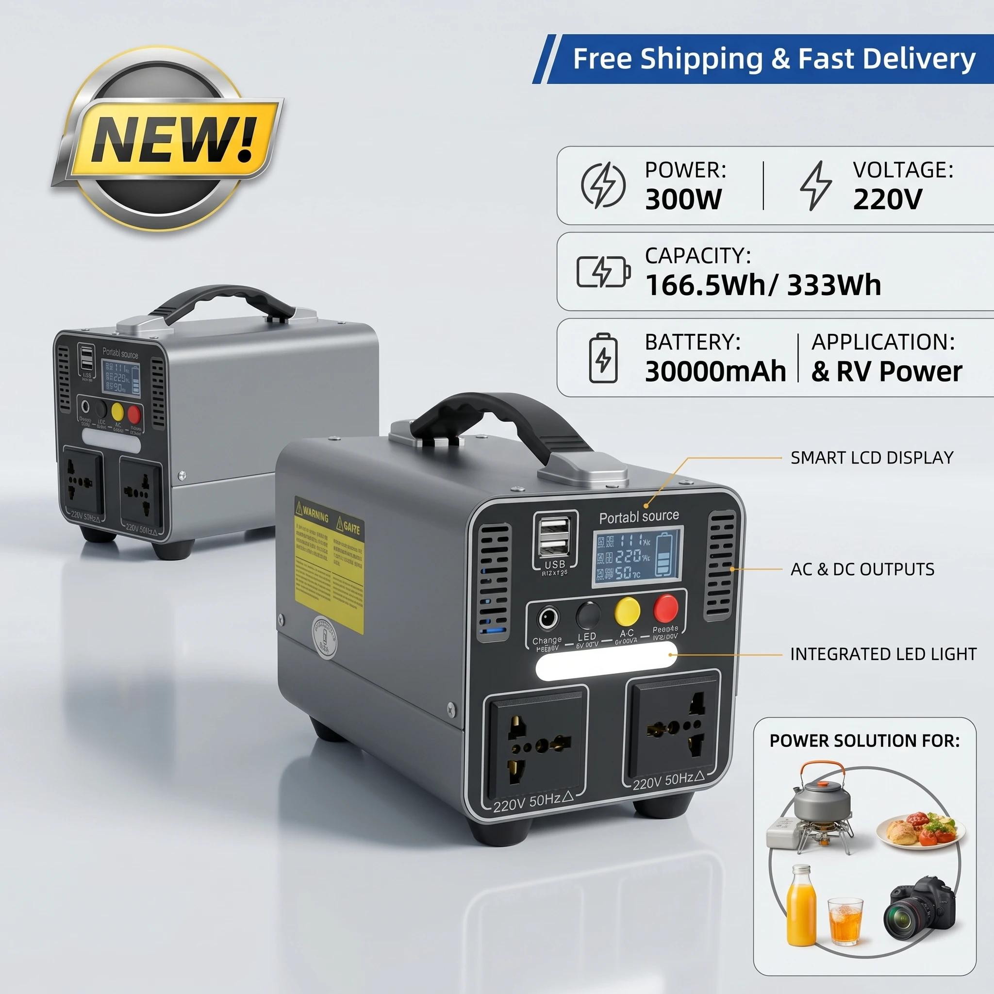 

300W Portable Solar Generator 220V Emergency Power Station 166.5Wh/333Wh For RV Camping Outdoor Travel