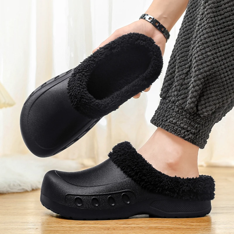 Cotton Slippers with Velvet Lining to Keep Warm, Chef's Shoes, Waterproof and Oil-Proof Work Shoes, Men's Slippers