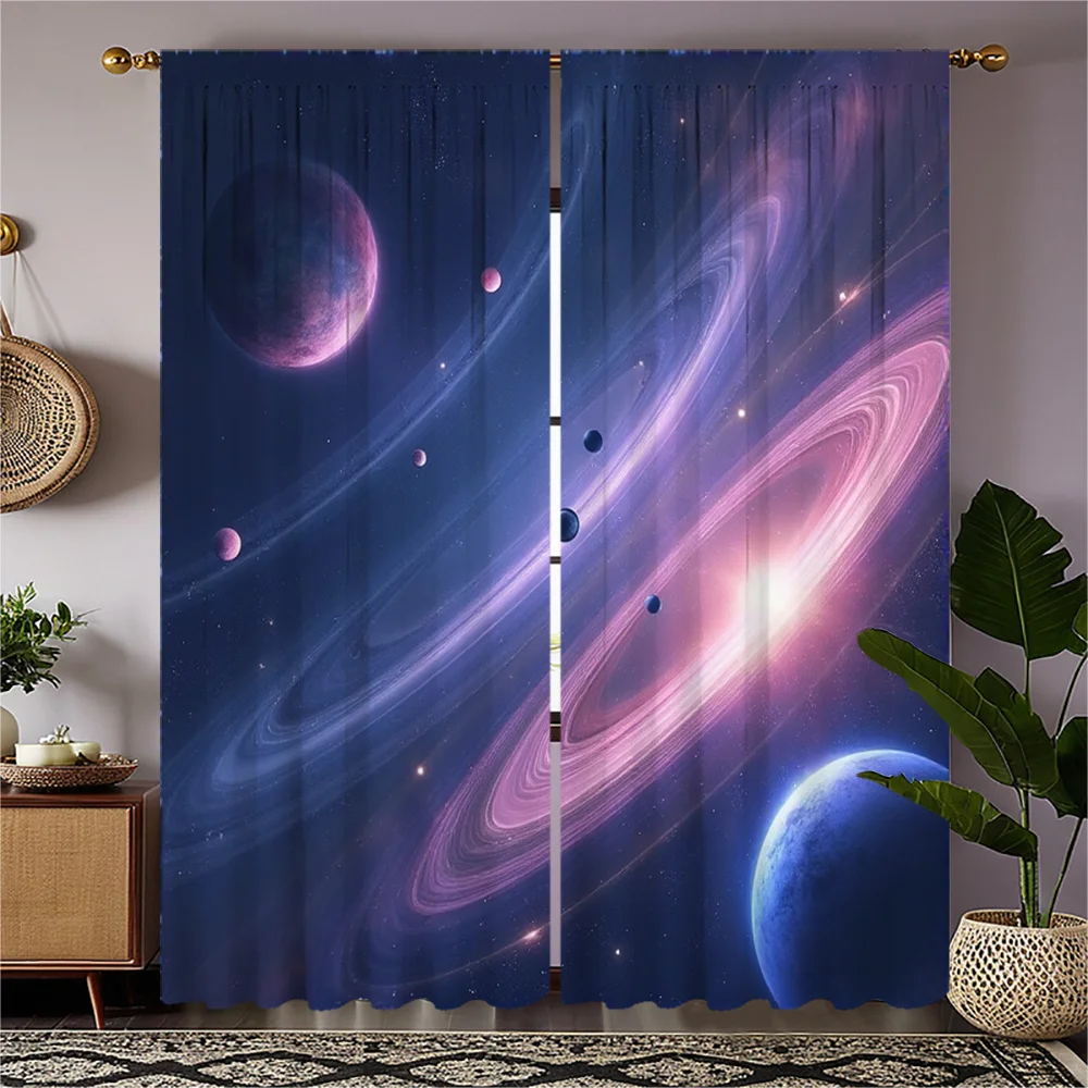 2pcs for galaxy-Themed Curtains for ' Room - Vibrant Space Design with Planets & Stars, Blue, Orange, Purple Colors, Semi-Transp