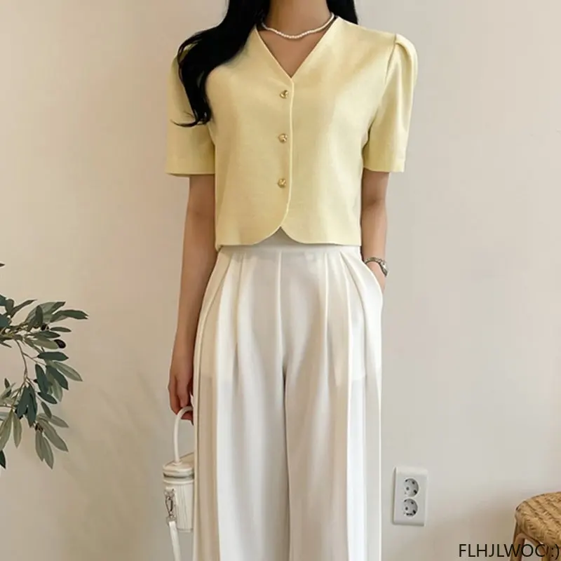 Chic Korea Short Crop Tops Blouses New Design Women Japan Girls Office Lady Button Short Sleeve White Shirts