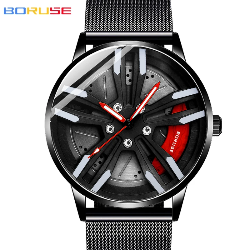 BORUSE Luxury Fashion Mens Car Wheel Watches Luminous Clock Men Mesh Belt Waterproof Quartz Wrist Watch montre homme