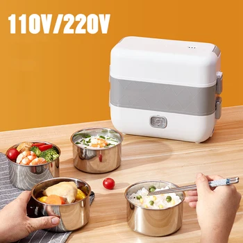 Fiambrera eléctrica de 110V/220V, fiambrera de calefacción portátil con revestimiento de acero inoxidable 2/4, calentador de alimentos, vaporizador para el hogar y la Oficina