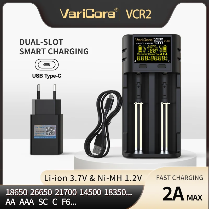 

VariCore VCR2 3,7 В литий-ионное зарядное устройство 1,2 В NiMH AA AAA с двумя слотами и интеллектуальным дисплеем с защитой от перезаряда и разряда
