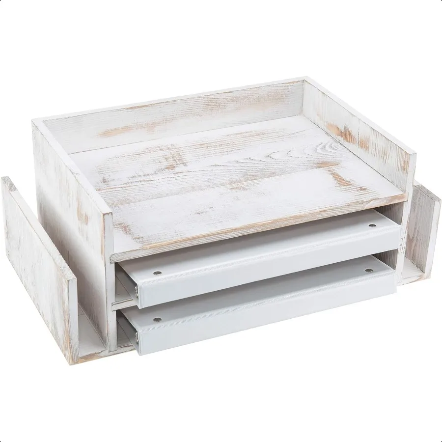 

MyGift 3Tier Desk Organizer File Tray Wood Letter Holder for Office Farmhouse White Wood Desktop Document Organizer with Paper