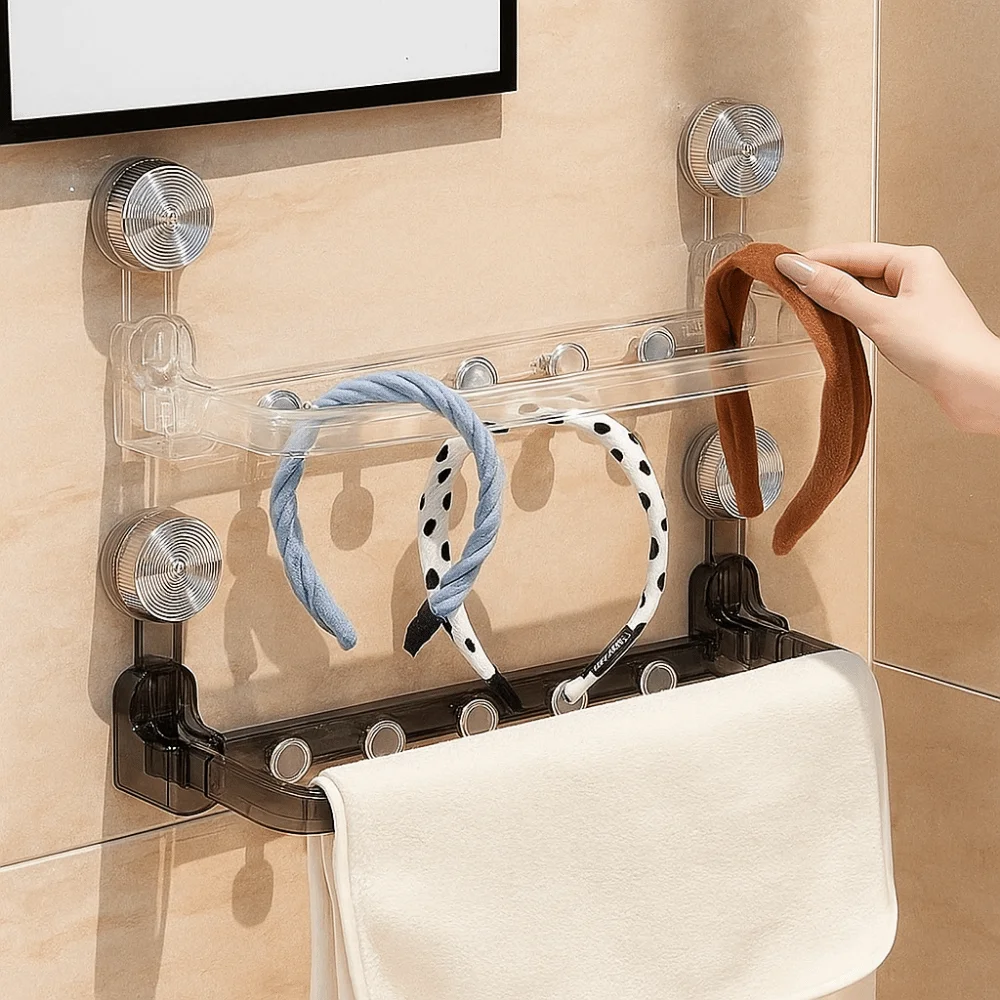 

Plastic Suction Cup Storage Rack Wall Mounted Punch Free Towel Bar with Hooks Space Saving Towel Storage Rack Bathroom