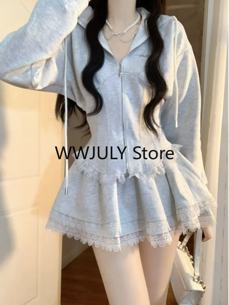 Korean Fashion Clothing Grey Lace 2 Piece Set Woman Casual Hooded Slim Coat + Slim Party Y2k Mini Skirt Elegant 2023 Autumn Chic