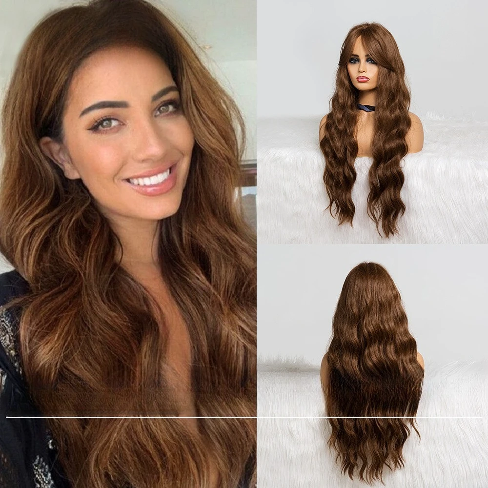 

European and American style women's wig, eight-character bangs brown long curly hair big wave high temperature silk wig