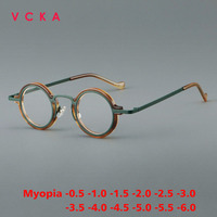 VCKA Anti Blue Light Acetate Myopia Small Round Glasses Men Woman Retro Metal Frames Prescription Custom Eyewear -0.5 TO -6.0