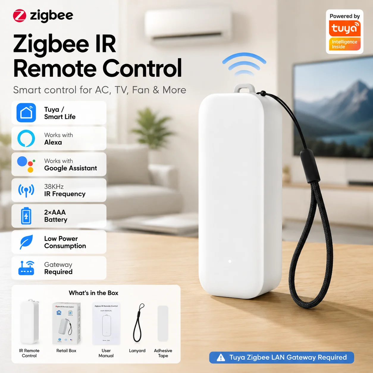 Zigbee IR Remote Control Smart Infrared Blaster with Tuya Smart Life App Compatibility for AC TV Fan STB Works with Alexa Google