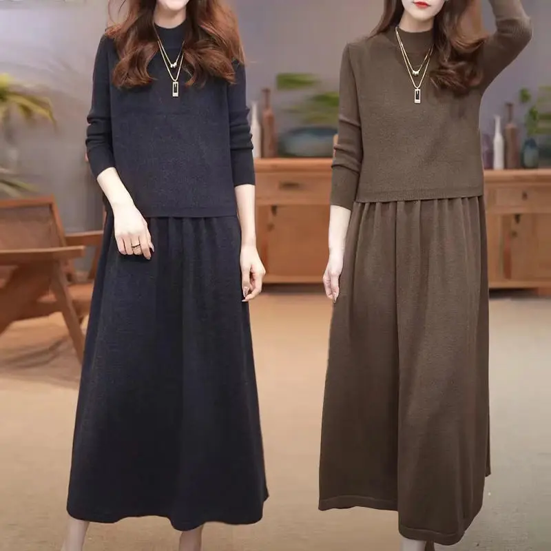 2pcs Women Vest Knit Dress Set 2024 New Autumn Winter Clothes Fashon Korean Oversize Half High Collar Female Bottom Sweater