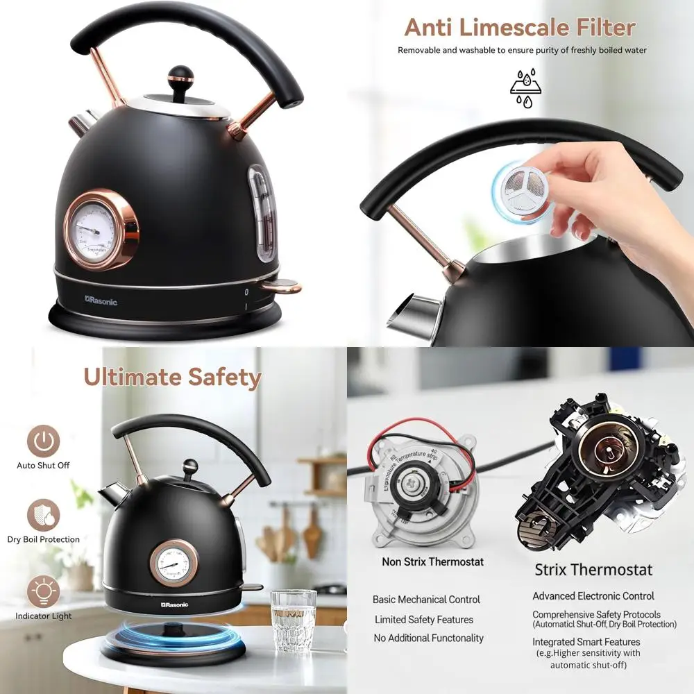 

Stainless Steel 1.8L Electric Kettle with Fast Boil, Temperature Gauge, Auto Shut-Off & Boil-Dry Protection in Matt Black and Ro