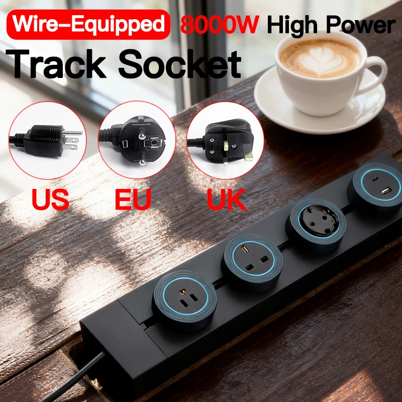 Wall Power Track Socket 40cm/50cm, US EU UK Standard, Grey/Black with USB Type-C Ports, Office Wall Electric Socket Adapters