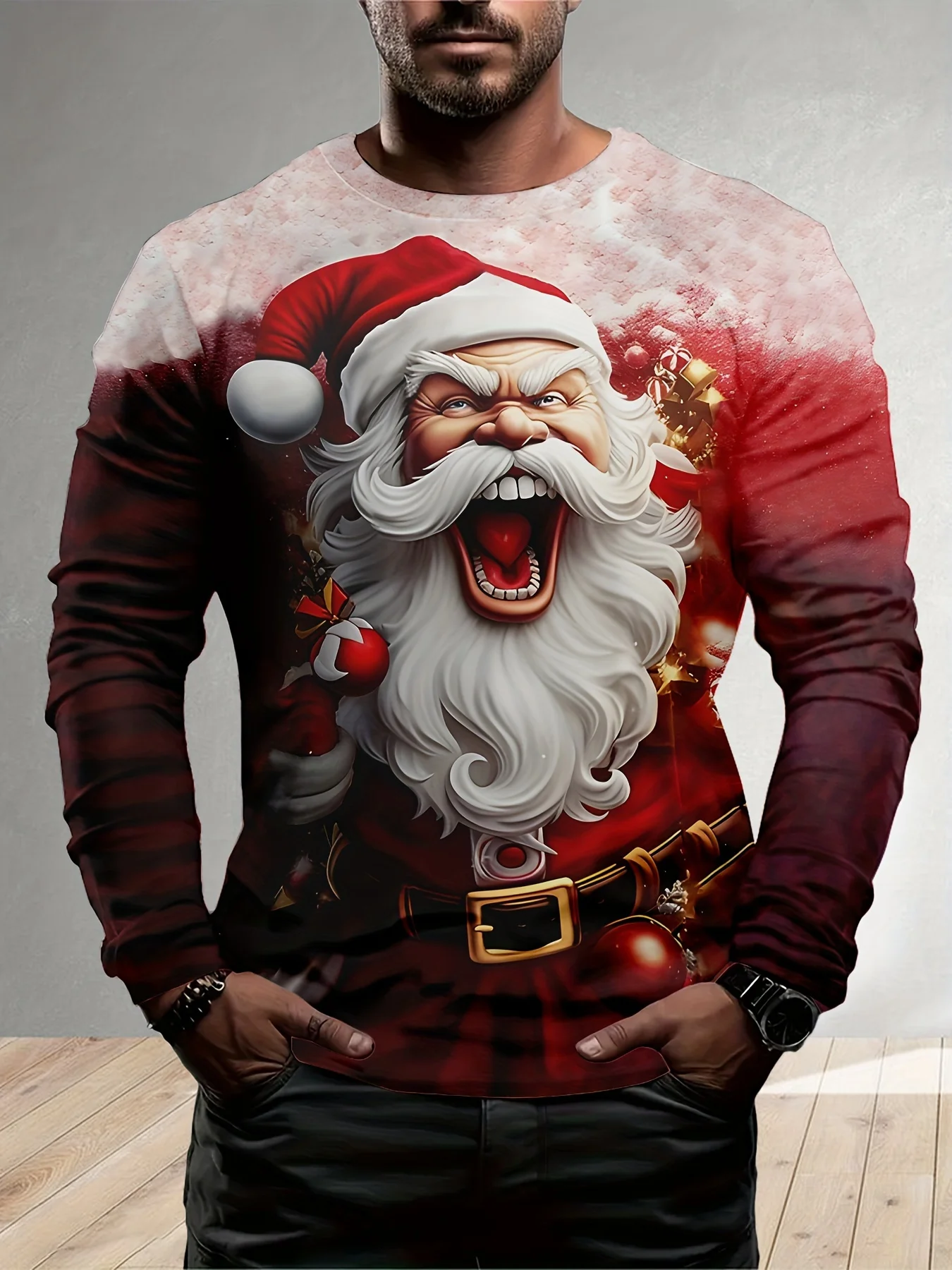 

3D Abstract Santa Clause Graphic Long Sleeve T-Shirts Fashion Cool Daily Street Casual O-Neck Tops Men's Christmas Party Clothes