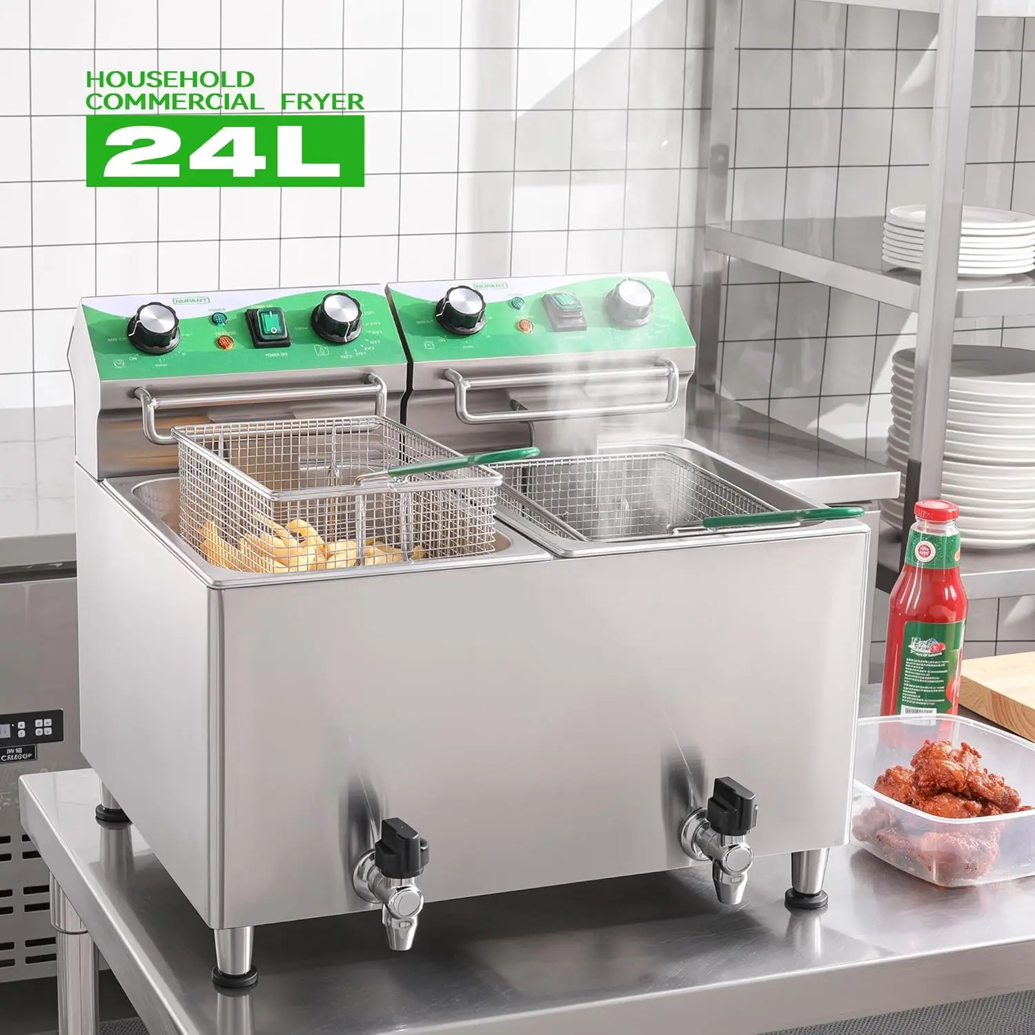 12L X 2 Dual Tank Commercial Deep Fryer With Drain And Timer Electric Deep Fryer With 2 Baskets And Lids Professional Stainless