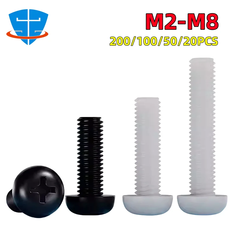 200/100/50/20szt Nylonowa śruba krzyżakowa M2 M2.5 M3 M4 M5 M6 M8 Biała/czarna plastikowa izolacja z łbem stożkowym Długość śruby 4~80mm