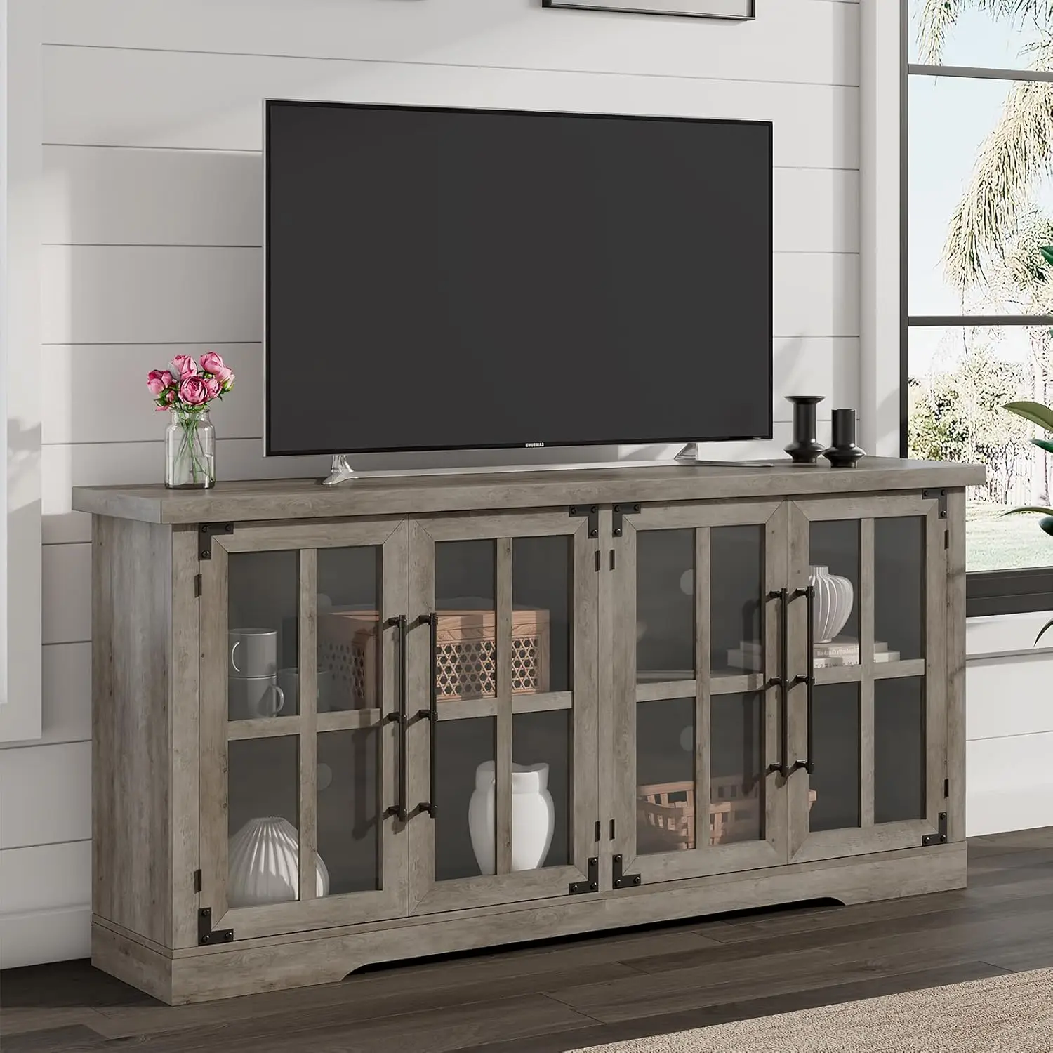 

63" TV Stand with 4 Glass Doors, Modern Sideboard Cabinet with Storage, Adjustable Shelf for TV's up to 75", Wash Grey