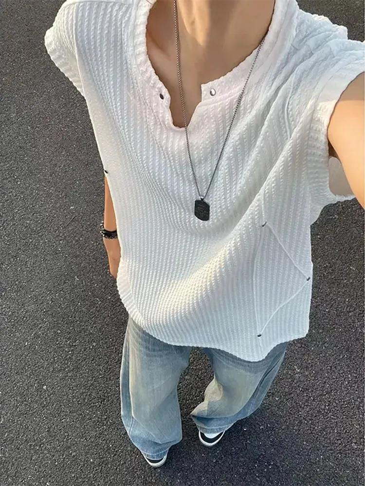Black V-neck Sweat Vest Men's Deconstructed Patchwork Rivet Sleeveless T-shirt Fitness Sport Shoulder Trend Casual Style