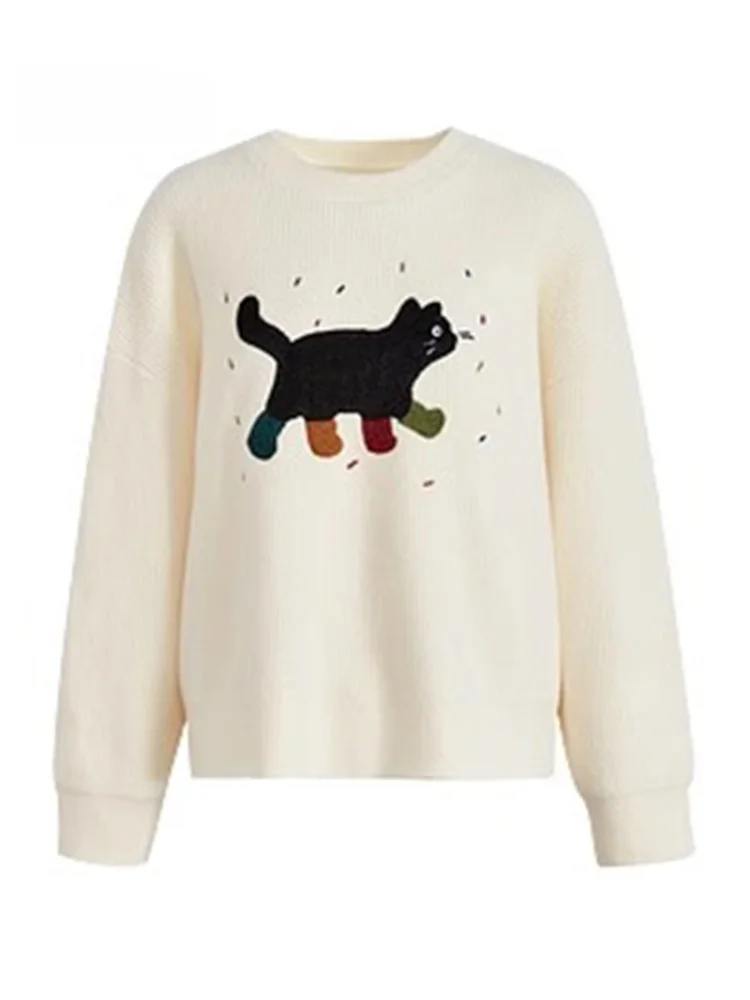 

Etam Women's Knitted Sweater Winter 2024 New Sle Embroidery Design Loose Soft Small Size Knitwear Comfortable round Ne