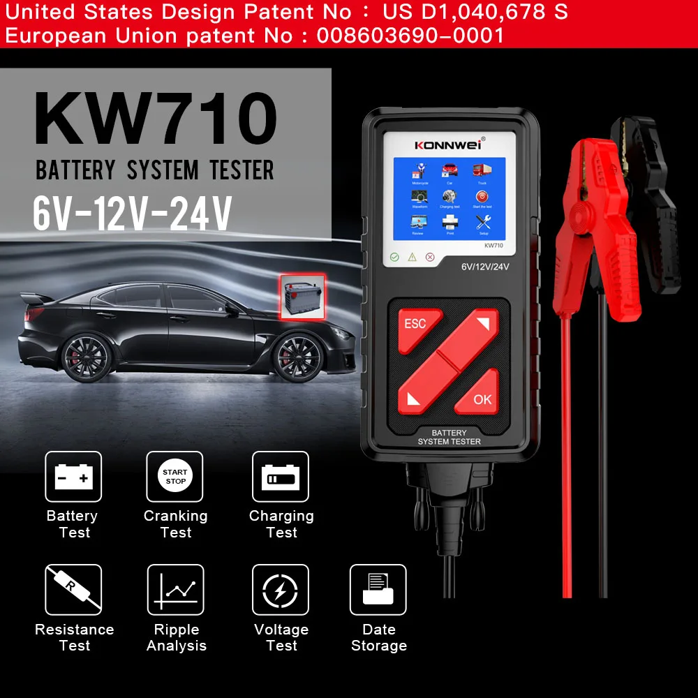 2026 KONNWEI KW710 Car Battery Tester 6V/12V/24V 100-2000CCA Battery Load Tester Charging Diagnostic Tool with Enhanced clip