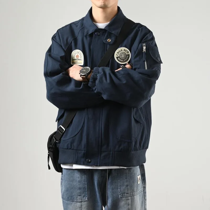 

Retro American Pilot Workwear Jaet Casual Loose Fit Turn-down Collar Baseball Coat Spring Autumn Versatile Youth Faion