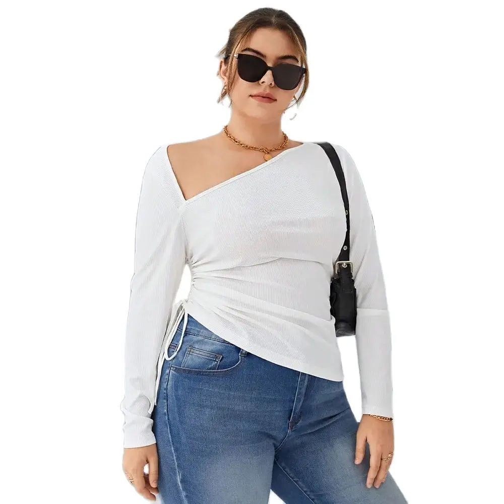 Camisa irregular de manga comprida feminina, camiseta monocromática, tops cropped, elegante, plus size, moda feminina, outono, inverno, 2023