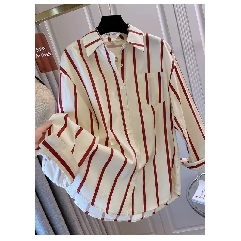 

SuperAen Office Lady Striped Shirt for Women 2026 Spring New Style Korean Loose Casual Long-sleeved Sun Protection Shirts