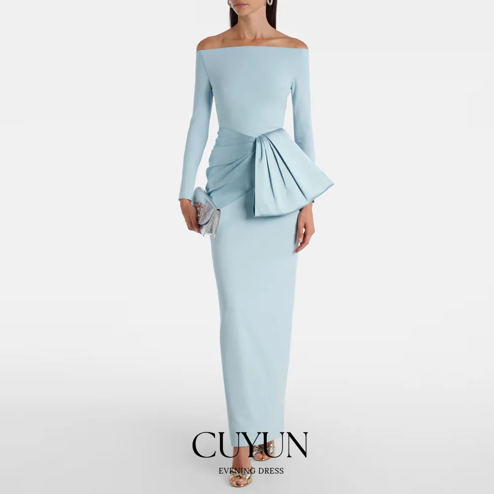 

CUYUN Straight Elegant Party Dress Boat Neck Long Sleeves Blue Women Evening Dress Back Slit Customized Formal Event Dresses
