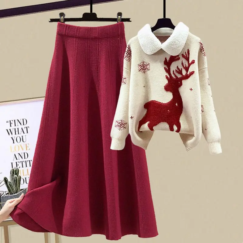 

Fashion Elegant Outfits Women's 2023 Autumn/Winter New Christmas Elk Pullover Sweater High Waist Half Skirt Two Piece Set