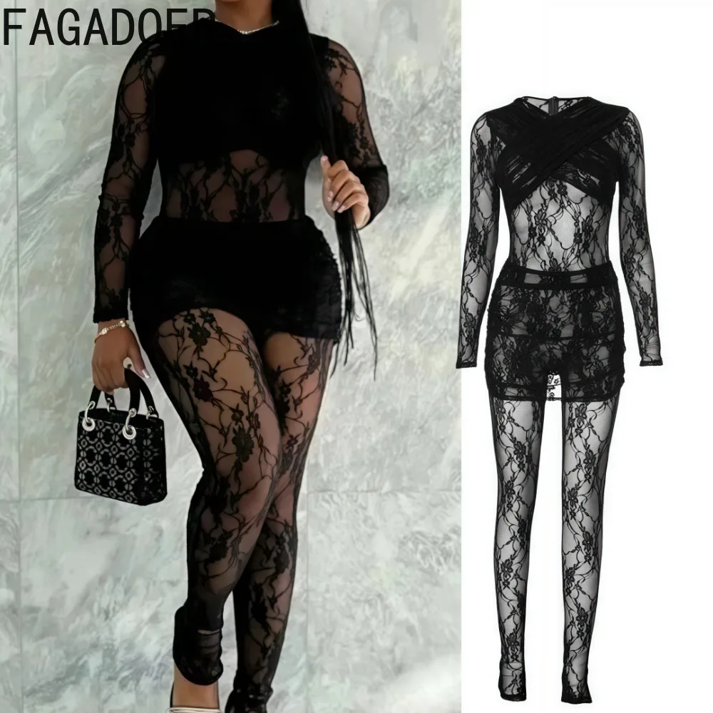 FAGADOER Sexy Lace Two Piece Set for Women Mesh See Through Hollow Out Crop Top + Bodycon Skirt Pants Suits Hot Girl Streetwear