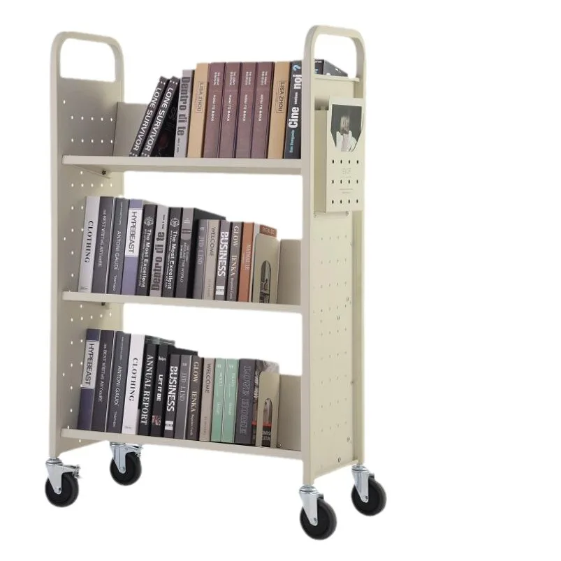 

V-shaped library cart Beige 330lbs Movable with wheels Floor shelf Storage trolley Bookshelf